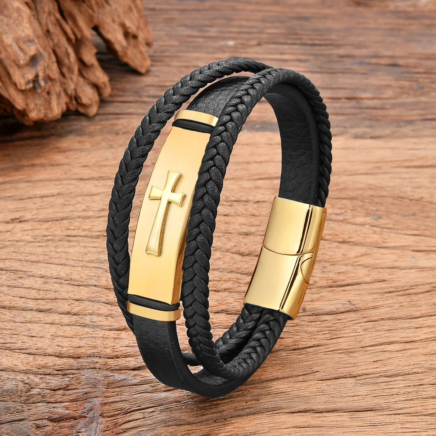 Pulsera Cruz - Cuero y Acero