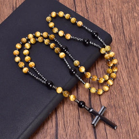 Collar Rosario - Piedras Naturales (Ojo de Tigre, Ónix y Hematita)