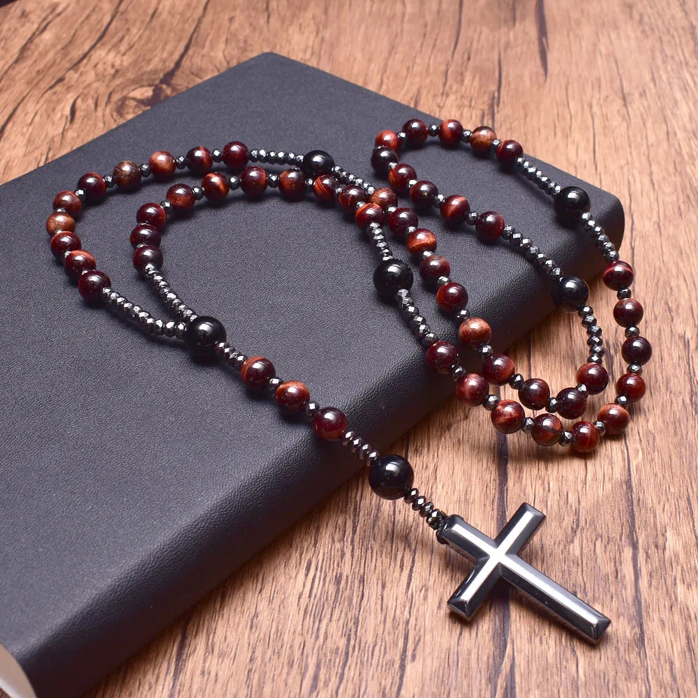 Collar Rosario - Piedras Naturales (Ojo de Tigre, Ónix y Hematita)
