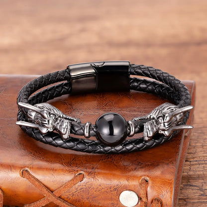 Pulsera Dragón - Acero inoxidable, Cuero y Piedra Natural