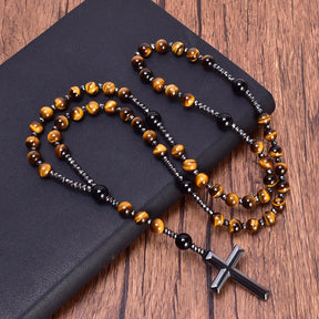 Collar Rosario - Piedras Naturales (Ojo de Tigre, Ónix y Hematita)