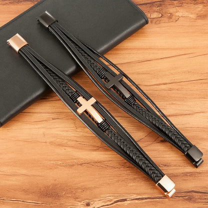 Pulsera Cruz - Cuero y Acero
