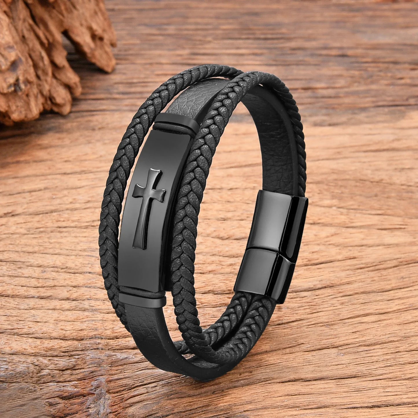 Pulsera Cruz - Cuero y Acero