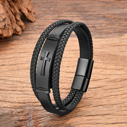 Pulsera Cruz - Cuero y Acero