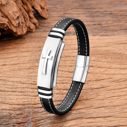 Pulsera Cruz - Cuero y Acero