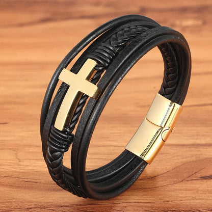 Pulsera Cruz - Cuero y Acero