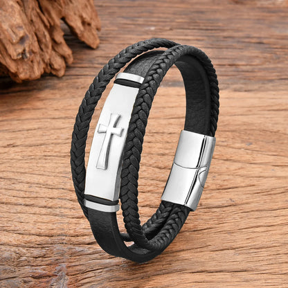Pulsera Cruz - Cuero y Acero