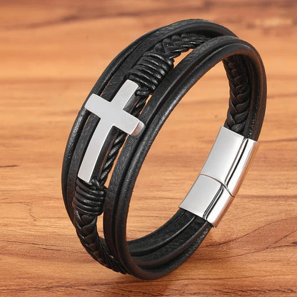 Pulsera Cruz - Cuero y Acero